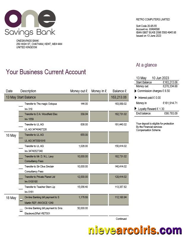 Onesavings Bank business checking account statement
